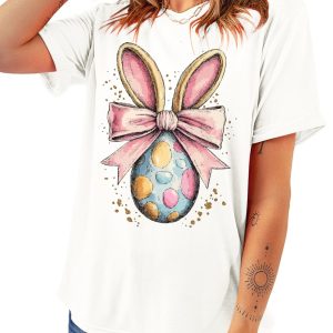 Women's White Easter Egg Bow Bunny Ear Printed T-Shirt - Fun & Festive Graphic Tee - Main View