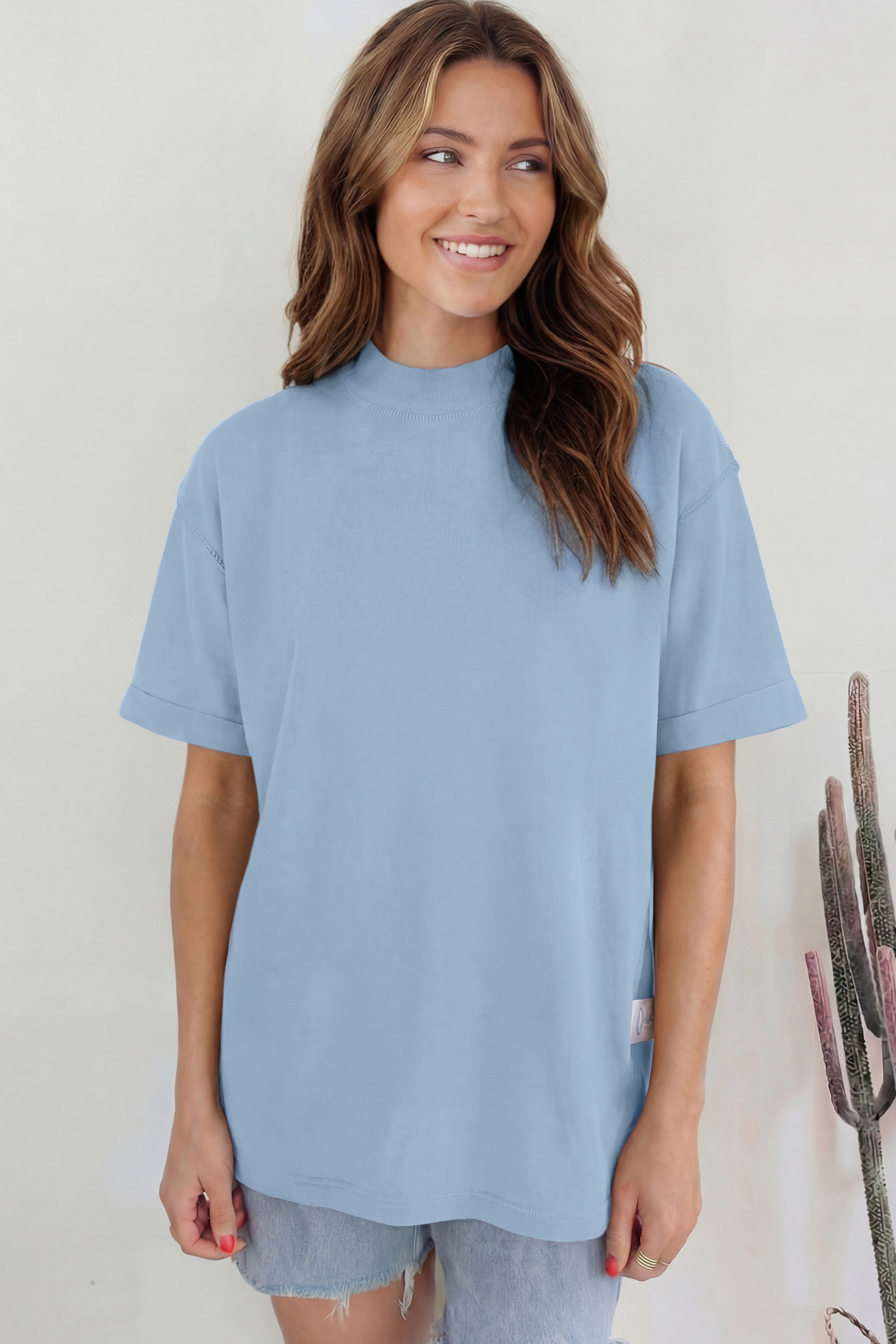 Chic Mock Neck T-Shirt for Women – Solid Beau Blue Short Sleeve Summer Tee, Casual Daily Style - Detail View 5 Chic Mock Neck T-Shirt for Women – Solid Beau Blue Short Sleeve Summer Tee, Casual Daily Style - Detail View 5