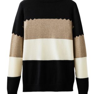 Women's Black Colorblock Crew Neck Drop Shoulder Sweater – Casual Daily Wear for Fall Layering - Main View