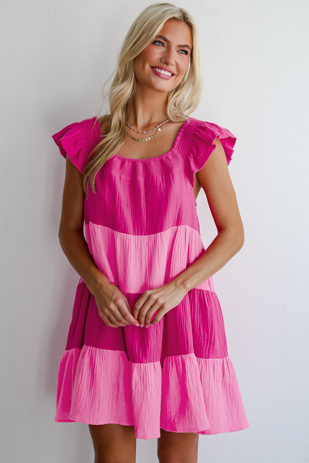 Casual Summer Mini Dress: Pink Color Block Design with Tiered Silhouette - Detail View 7 Casual Summer Mini Dress: Pink Color Block Design with Tiered Silhouette - Detail View 7