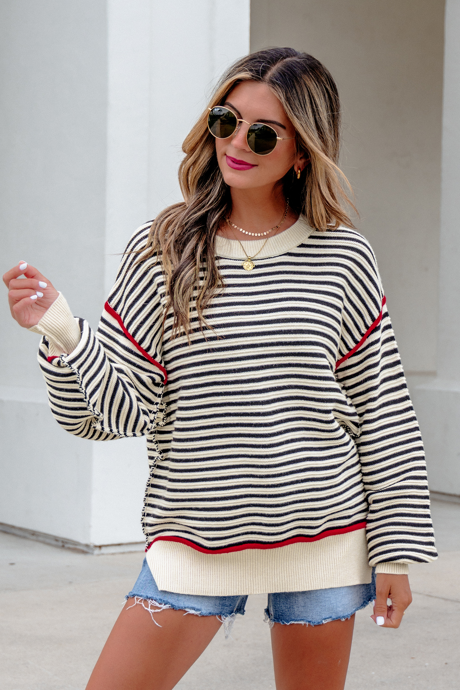 Soft Striped Crewneck Pullover, Relaxed Drop Shoulder Top - Detail View 5 Soft Striped Crewneck Pullover, Relaxed Drop Shoulder Top - Detail View 5