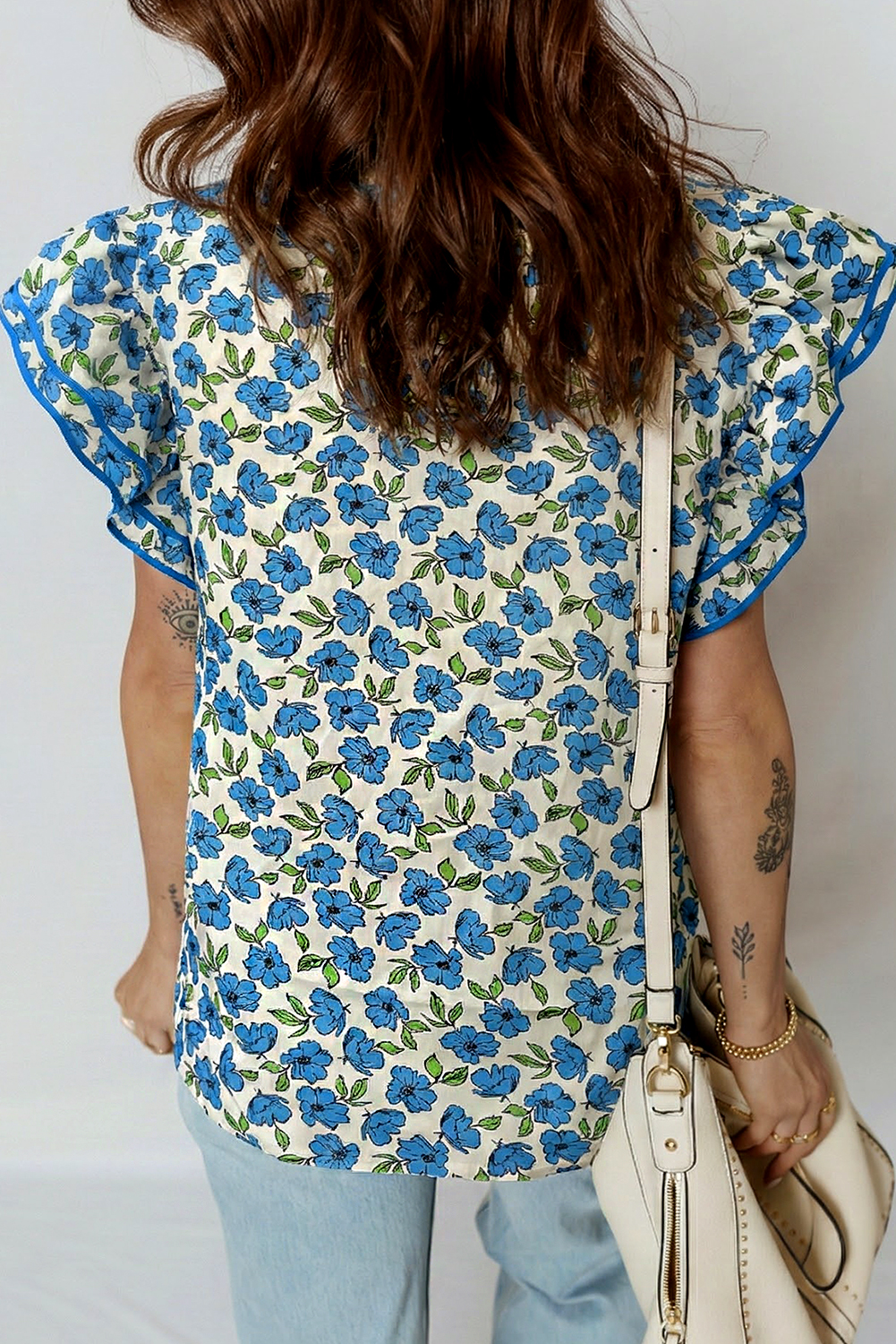 Casual Floral Blouse in Sky Blue – Perfect Summer Top for Women with Pleated Details - Detail View 3 Casual Floral Blouse in Sky Blue – Perfect Summer Top for Women with Pleated Details - Detail View 3