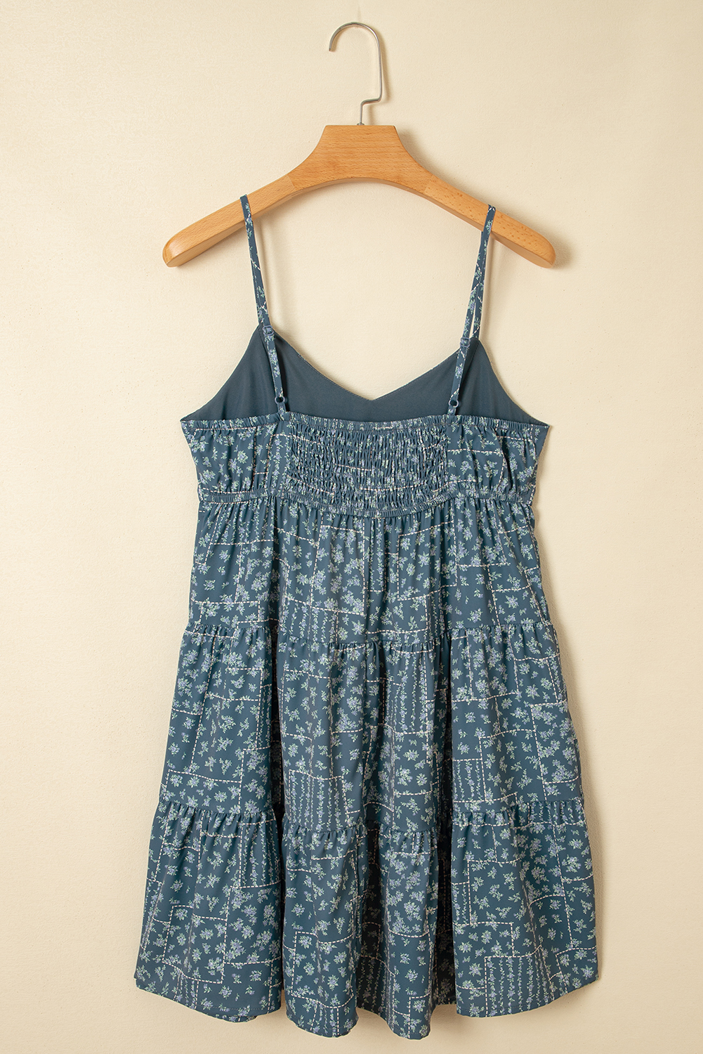 Women's Blue Floral Print Spaghetti Strap Knot Detail High Waist Flared Mini Dress - Detail View 9 Women's Blue Floral Print Spaghetti Strap Knot Detail High Waist Flared Mini Dress - Detail View 9