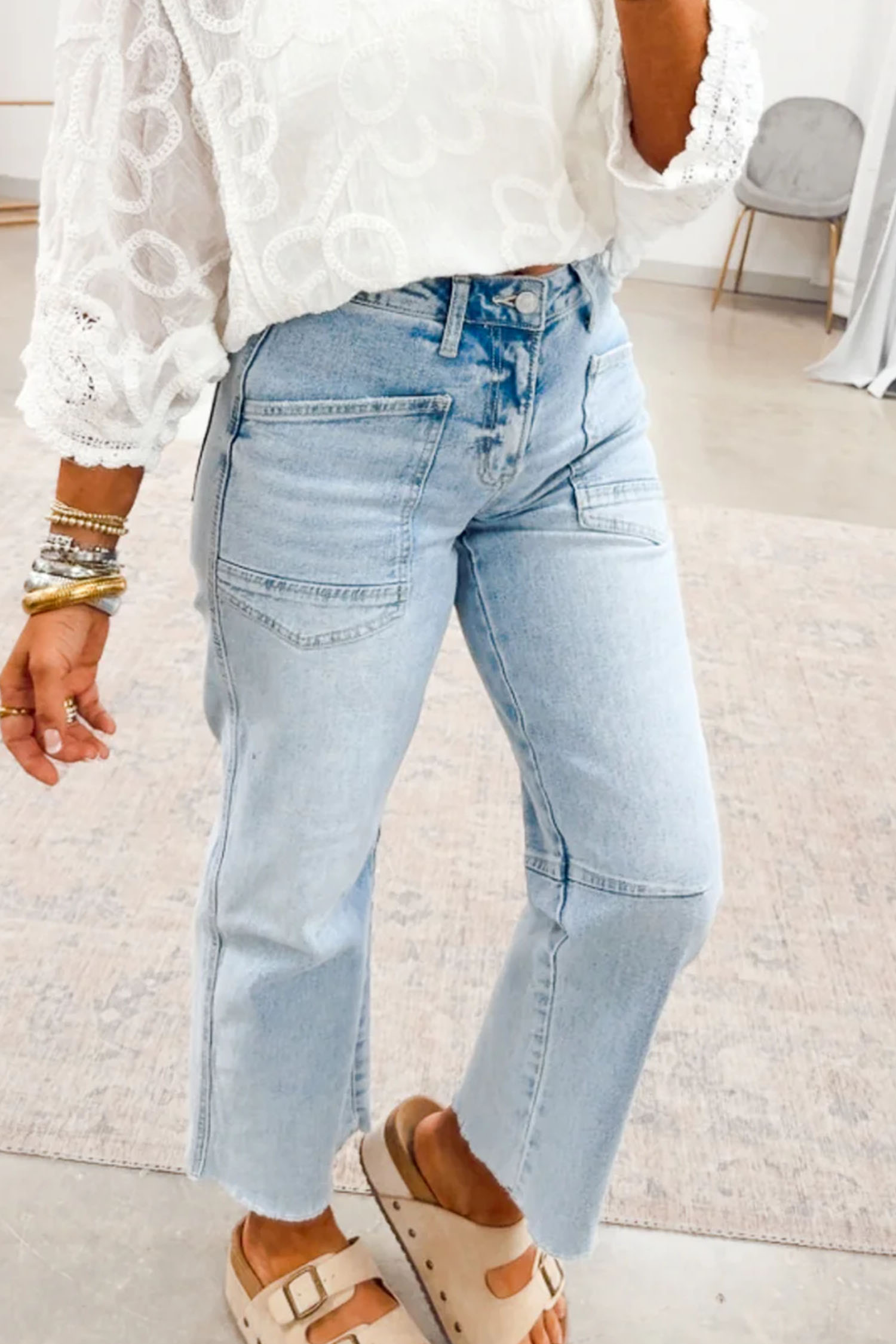 Women's Beau Blue Frayed Cropped Straight Jeans – Stylish Everyday Denim for Effortless Looks - Detail View 5 Women's Beau Blue Frayed Cropped Straight Jeans – Stylish Everyday Denim for Effortless Looks - Detail View 5