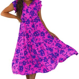 Women's Rose Floral Print Tiered Frilled Trim Flutter Sleeve Maxi Dress - Main View