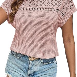 Elegant Women's Light Pink Lace Patchwork Waffle Short Sleeve Top - Main View