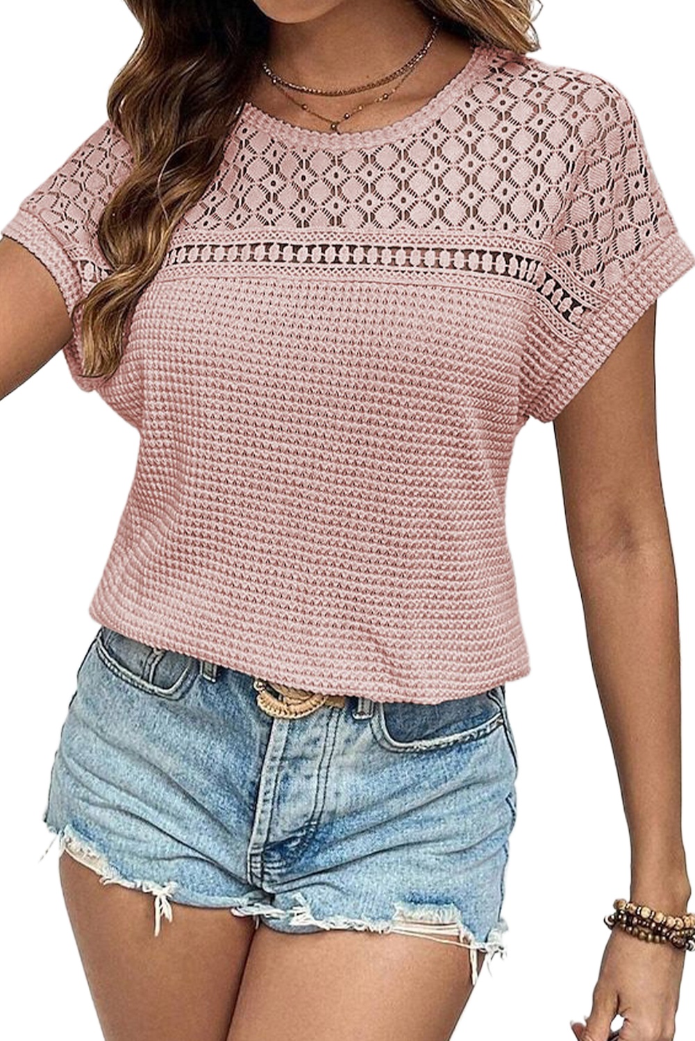 Elegant Women's Light Pink Lace Patchwork Waffle Short Sleeve Top - Main View Elegant Women's Light Pink Lace Patchwork Waffle Short Sleeve Top - Main View