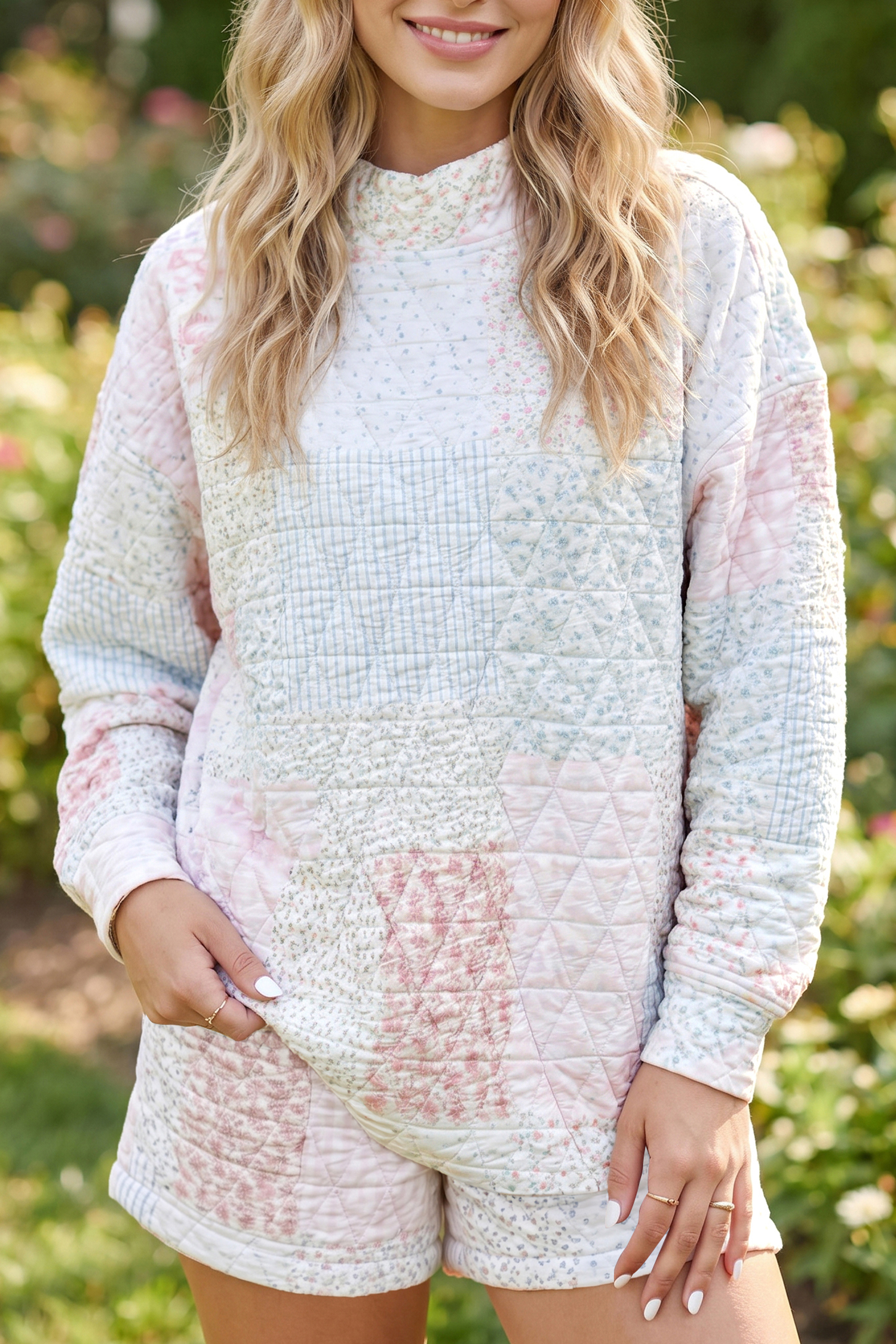 Women's Floral Quilted Lounge Set, Mock Neck Top and Shorts - Detail View 7 Women's Floral Quilted Lounge Set, Mock Neck Top and Shorts - Detail View 7