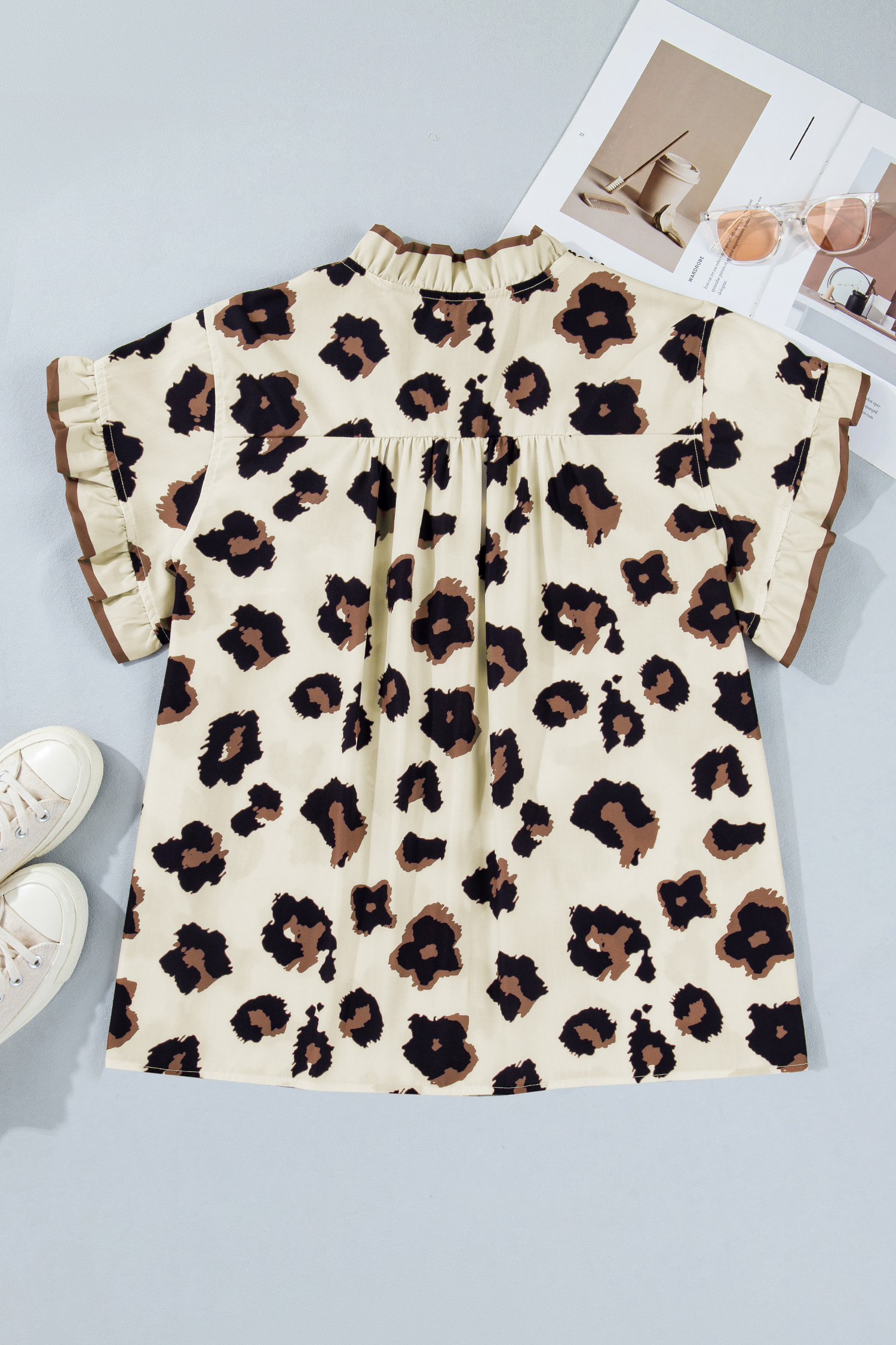 Women's Short Sleeve Leopard Print Shirt – Khaki Frilled Trim Shift Blouse, Summer Gift - Detail View 3 Women's Short Sleeve Leopard Print Shirt – Khaki Frilled Trim Shift Blouse, Summer Gift - Detail View 3