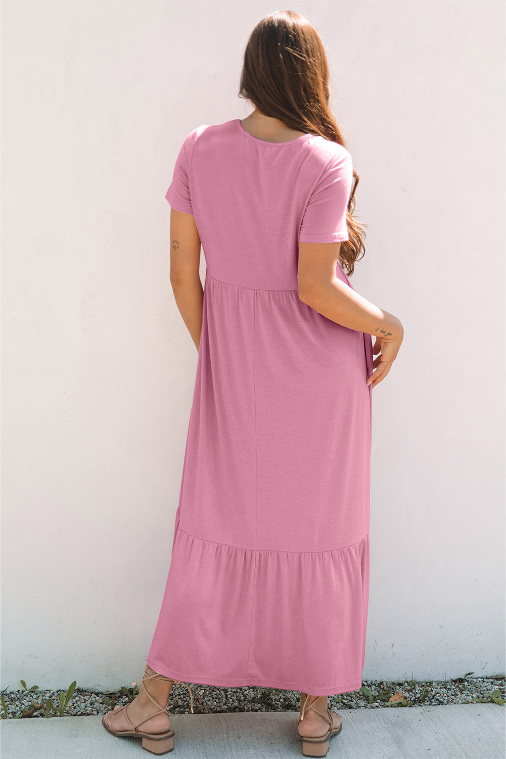 Chic and Casual Pink T-Shirt Style Maxi Dress with Side Pockets - Detail View 2 Chic and Casual Pink T-Shirt Style Maxi Dress with Side Pockets - Detail View 2