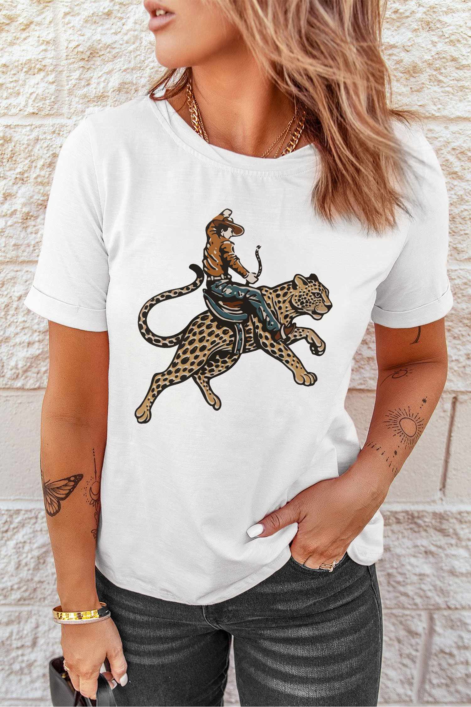 Women's Animal Print Graphic Tee, Casual Round Neck Shirt - Detail View 6 Women's Animal Print Graphic Tee, Casual Round Neck Shirt - Detail View 6