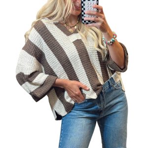Women's Brown Stripe Colorblock V Neck Sweater – Stylish Bracelet Sleeve for Daily Wear - Main View
