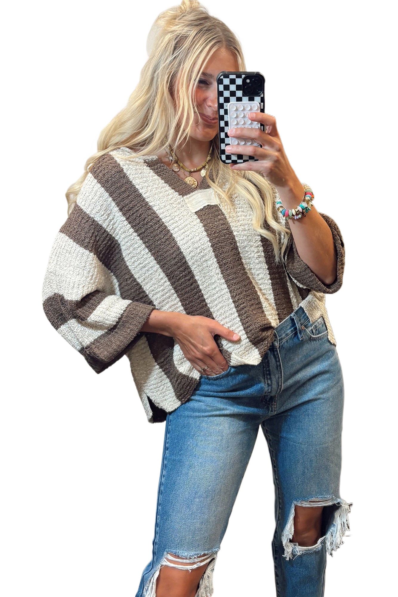 Women's Brown Stripe Colorblock V Neck Sweater – Stylish Bracelet Sleeve for Daily Wear - Main View Women's Brown Stripe Colorblock V Neck Sweater – Stylish Bracelet Sleeve for Daily Wear - Main View