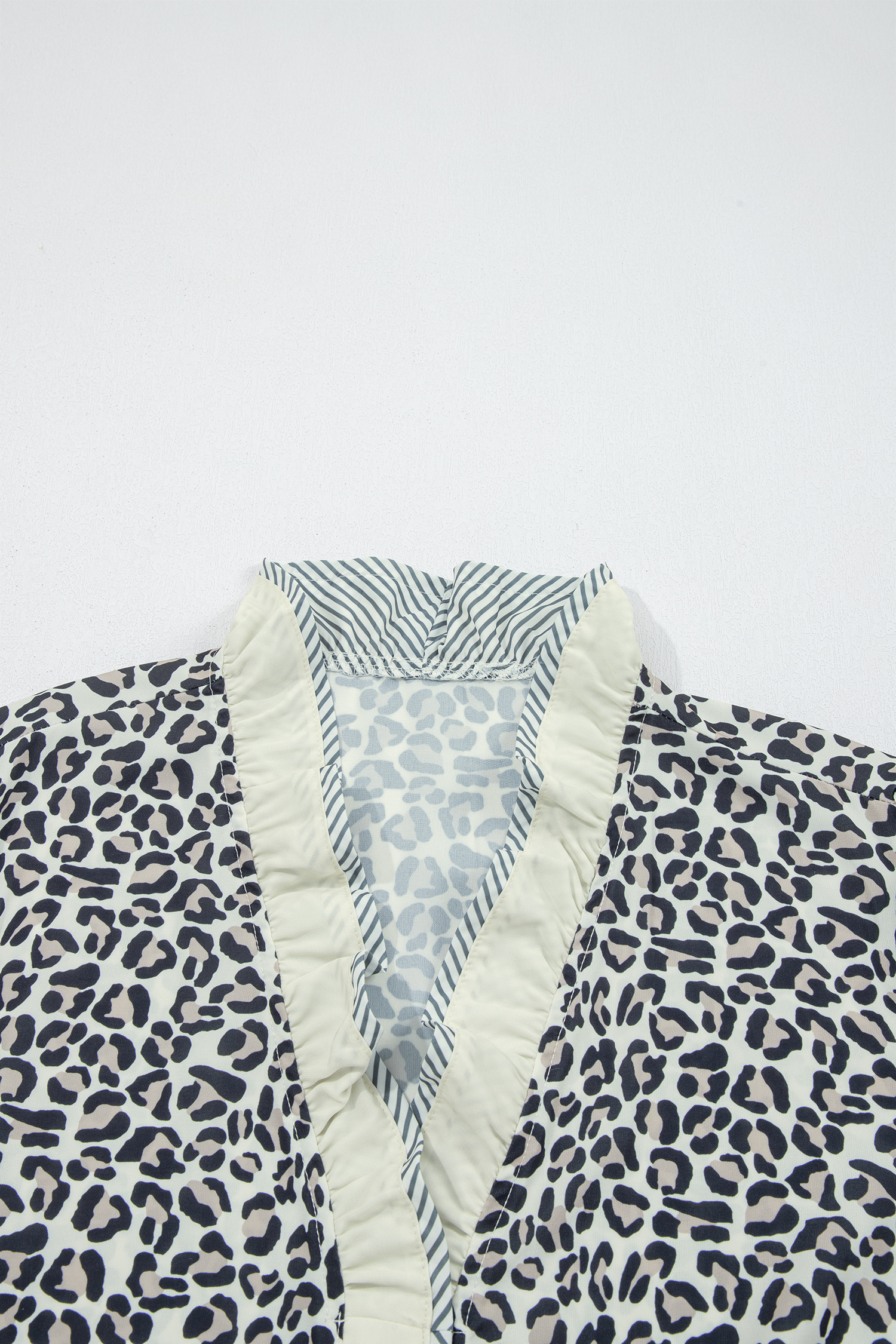 Chic Leopard Print V Neck Blouse for Women – Striped Color Block Trim Short Sleeve Top, Office & Daily Wear - Detail View 8 Chic Leopard Print V Neck Blouse for Women – Striped Color Block Trim Short Sleeve Top, Office & Daily Wear - Detail View 8