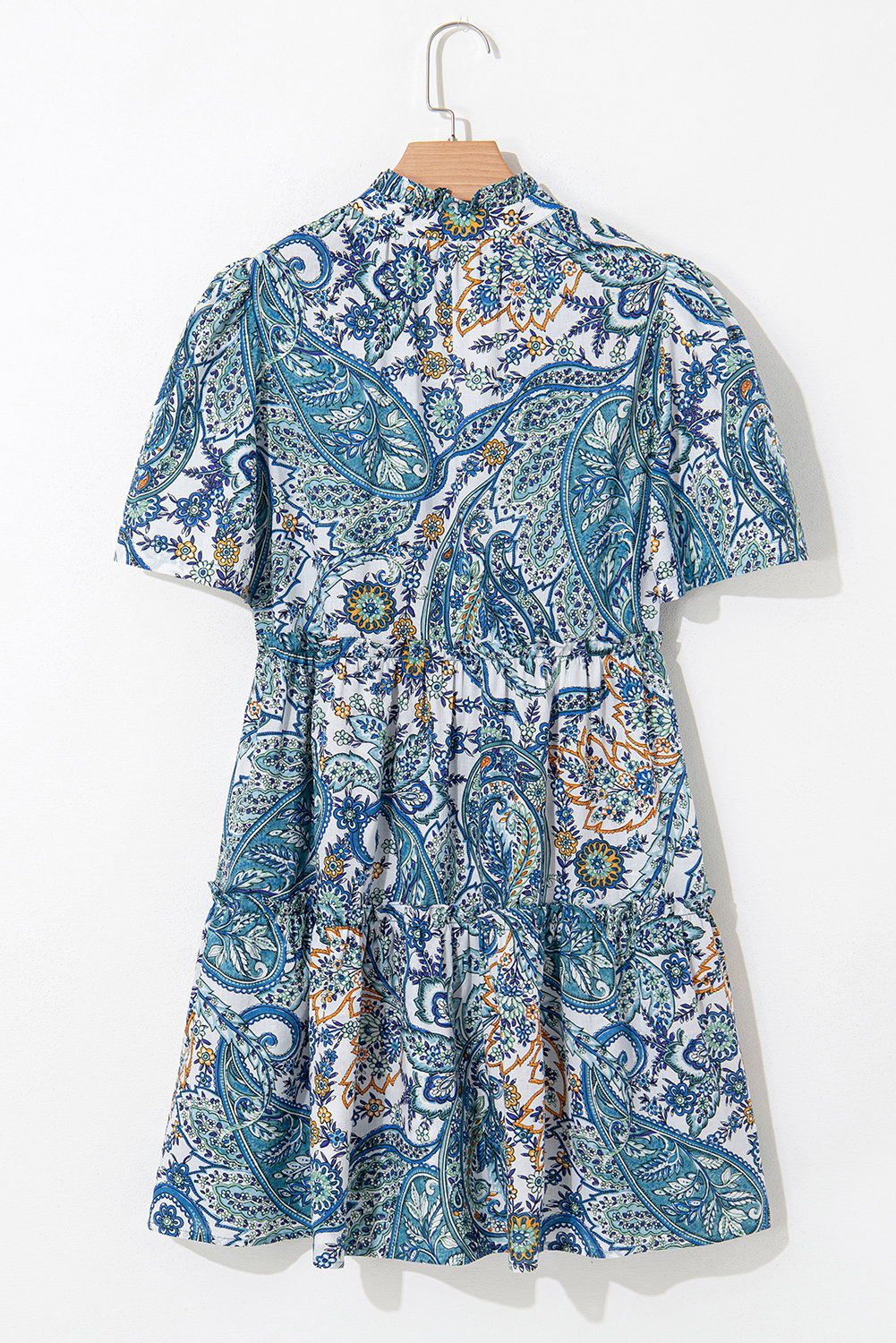 Women's Dress, Blue Mini Dress, Bohemian Style, Paisley Floral Print, V Neck, Short Sleeve, Casual Dress, Summer Fashion, Flowy Silhouette, A-Line, Ruffle Details, Daily Wear, Boho Chic - Detail View 4 Women's Dress, Blue Mini Dress, Bohemian Style, Paisley Floral Print, V Neck, Short Sleeve, Casual Dress, Summer Fashion, Flowy Silhouette, A-Line, Ruffle Details, Daily Wear, Boho Chic - Detail View 4