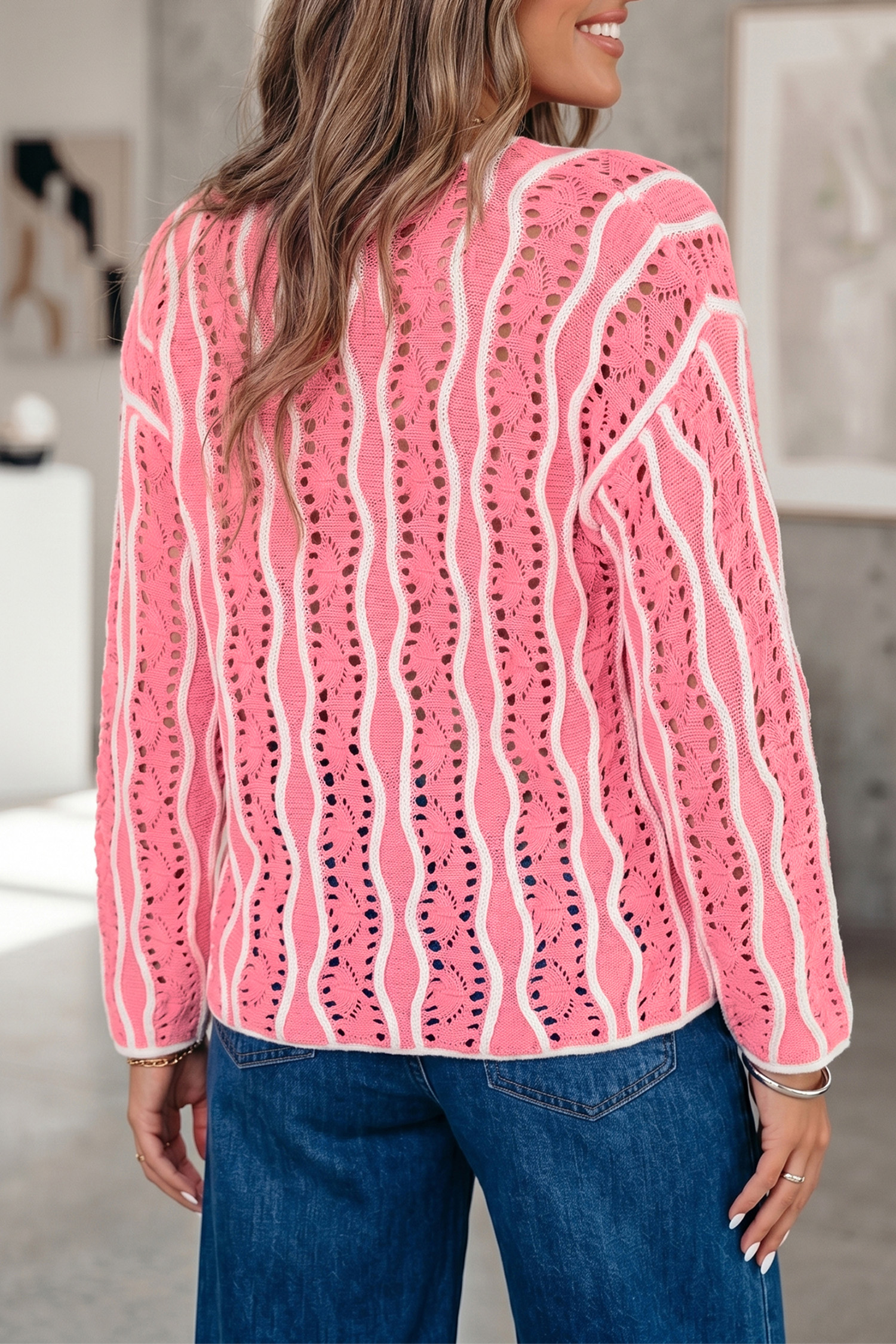 Soft Cotton Wavy Knit Sweater, Women's Pink Crochet Pullover - Detail View 3 Soft Cotton Wavy Knit Sweater, Women's Pink Crochet Pullover - Detail View 3