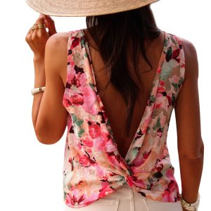 Women's Pink Floral Round Neck Twisted Cut Out Back Tank Top - Bohemian Style - Main View