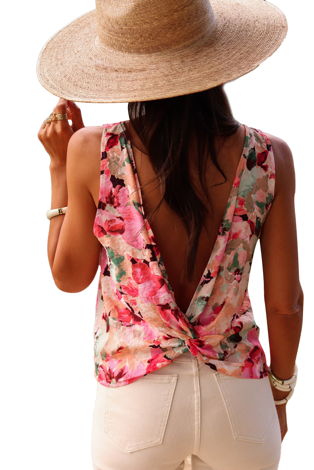 Women's Pink Floral Round Neck Twisted Cut Out Back Tank Top - Bohemian Style - Main View Women's Pink Floral Round Neck Twisted Cut Out Back Tank Top - Bohemian Style - Main View