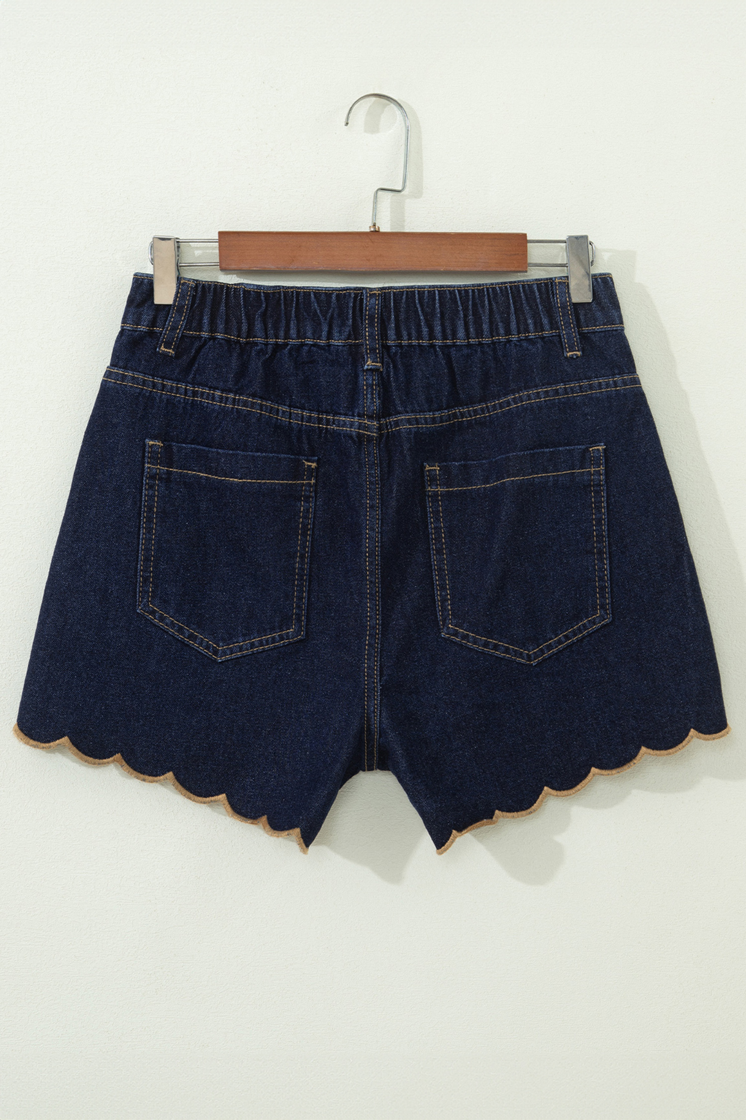 Casual Navy Blue Embroidered Denim Shorts – Relaxed Fit with Scalloped Hem for Daily Wear - Detail View 6 Casual Navy Blue Embroidered Denim Shorts – Relaxed Fit with Scalloped Hem for Daily Wear - Detail View 6