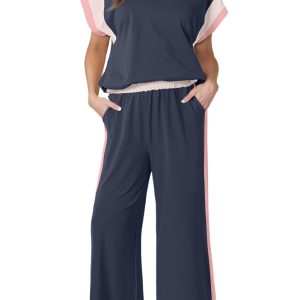Women's Navy Blue Color Block Casual Two-Piece Set for Daily Wear - Main View