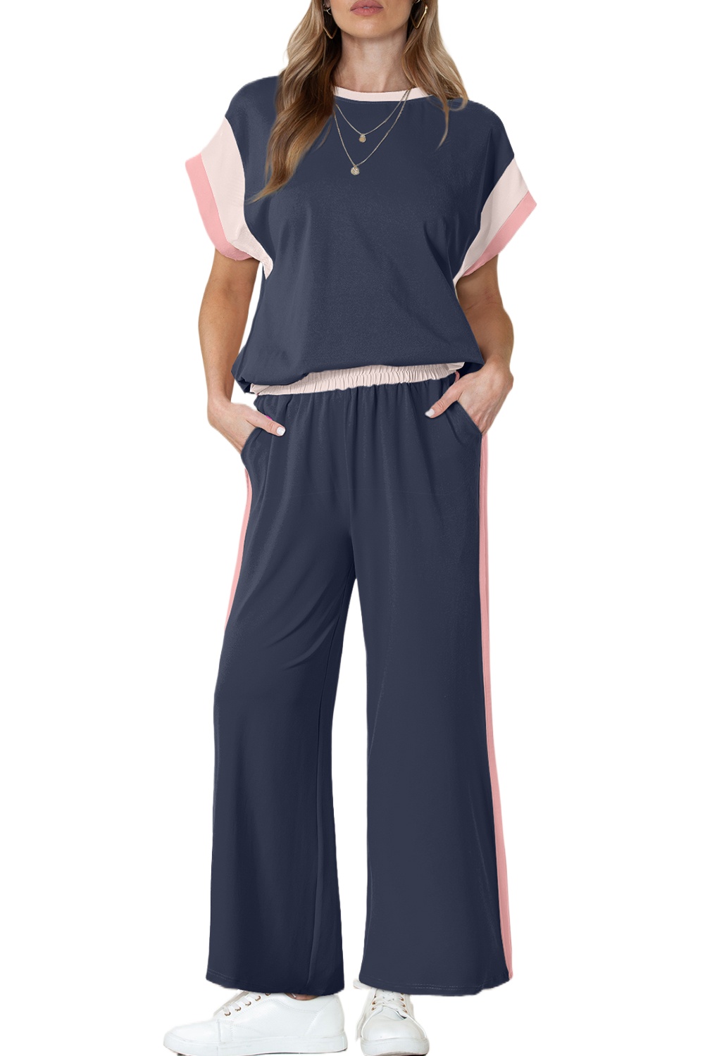 Women's Navy Blue Color Block Casual Two-Piece Set for Daily Wear - Main View Women's Navy Blue Color Block Casual Two-Piece Set for Daily Wear - Main View