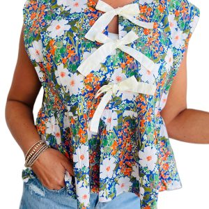 Women's Green Floral Print Bow Applique Sleeveless Peplum Blouse for Summer - Main View