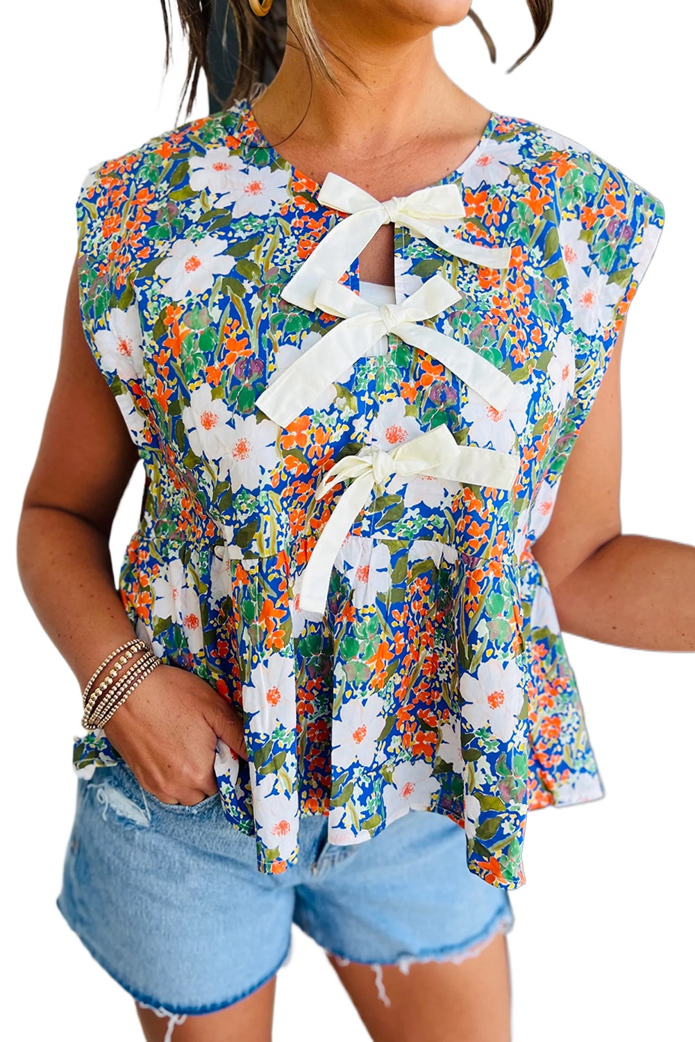 Women's Green Floral Print Bow Applique Sleeveless Peplum Blouse for Summer - Main View Women's Green Floral Print Bow Applique Sleeveless Peplum Blouse for Summer - Main View