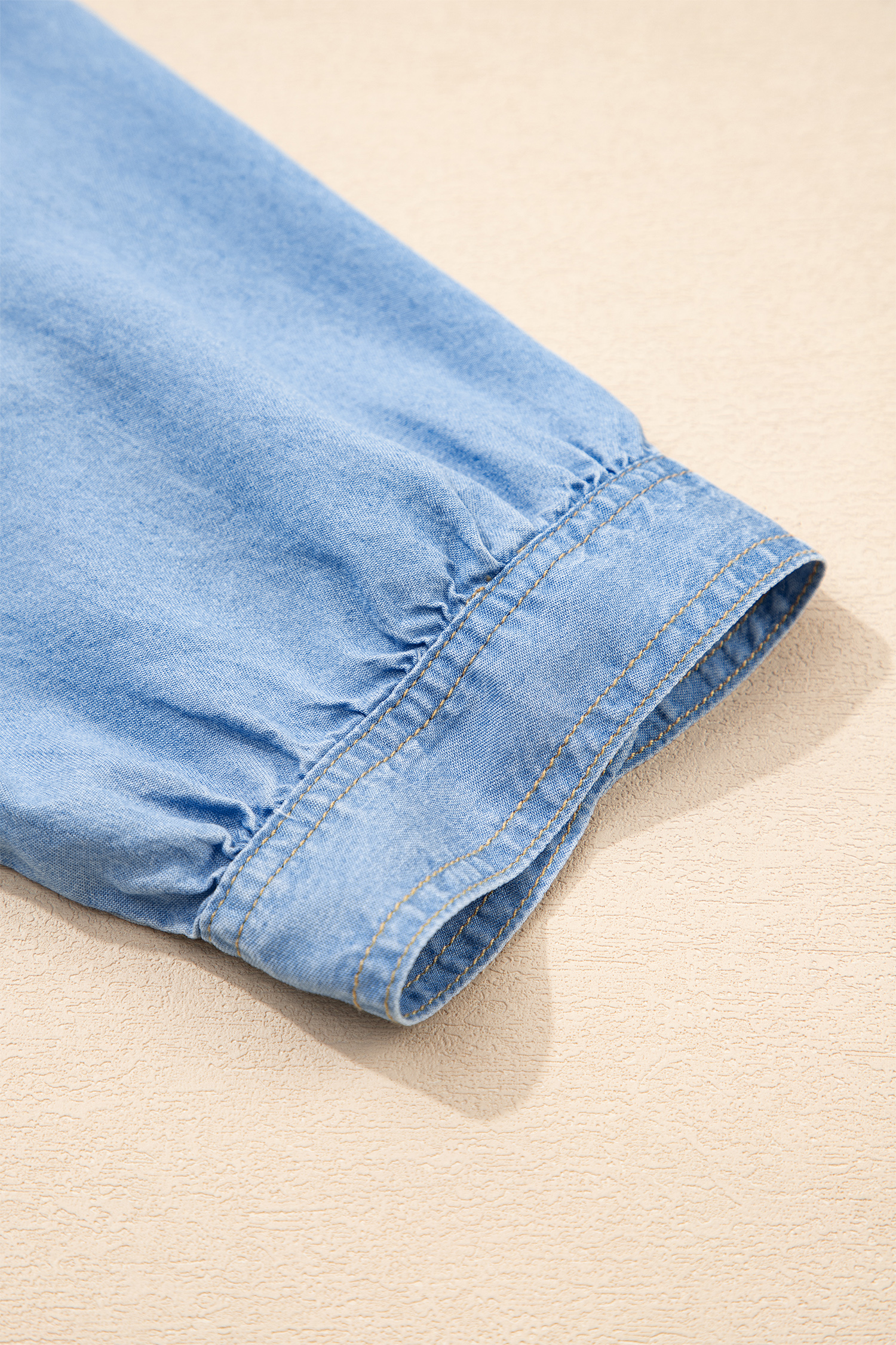 Chic Beau Blue Ruffled Chambray Shirt for Women – Half Sleeve Button Down, Ideal for Summer Outings - Detail View 11 Chic Beau Blue Ruffled Chambray Shirt for Women – Half Sleeve Button Down, Ideal for Summer Outings - Detail View 11