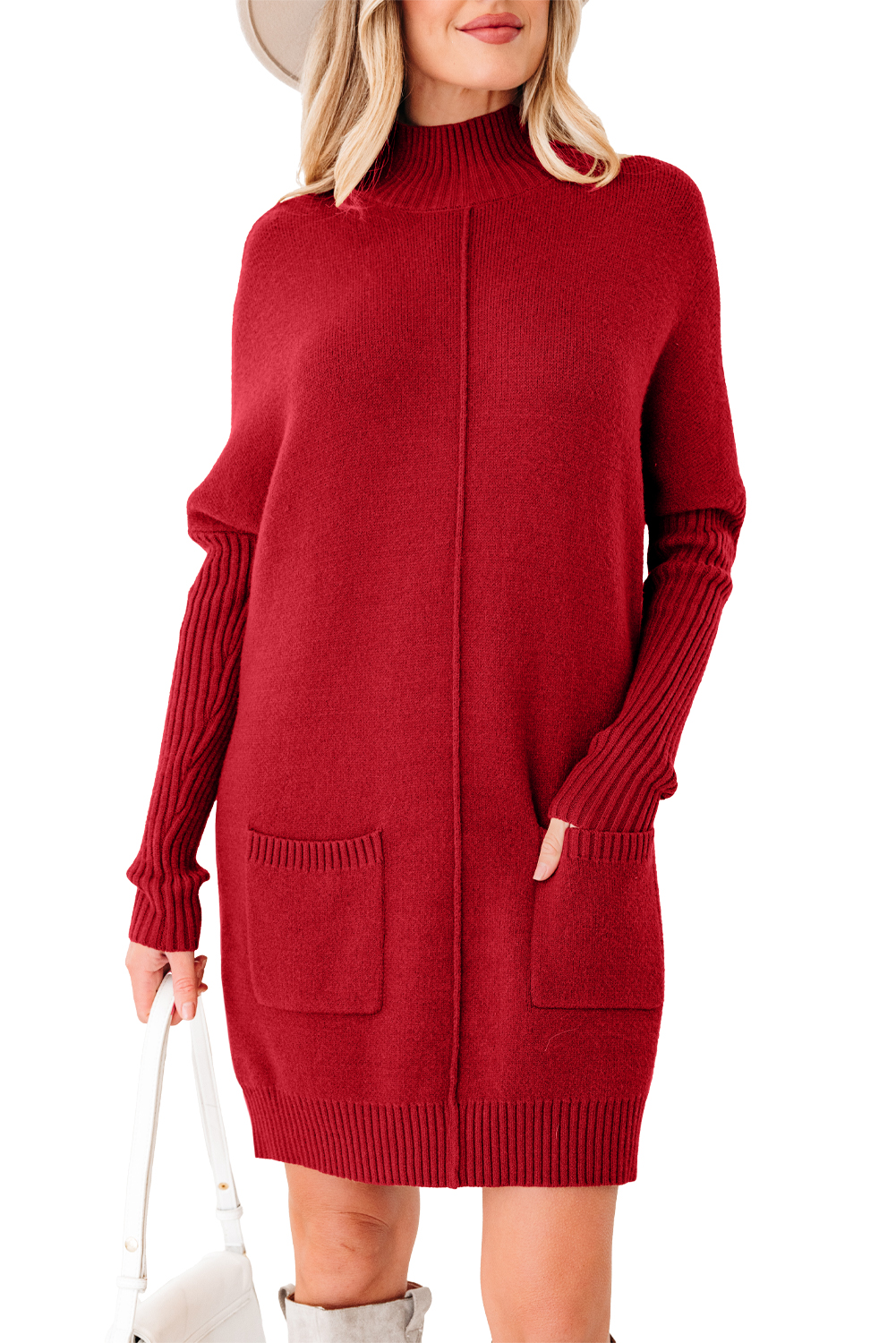 Versatile Women's Mini Fiery Red Ribbed Dress with Front Pockets – Everyday Comfort - Detail View 18 Versatile Women's Mini Fiery Red Ribbed Dress with Front Pockets – Everyday Comfort - Detail View 18