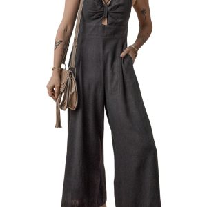 Women's Black Front Cut Out Smocked Back Sleeveless Wide Leg Jumpsuit - Main View