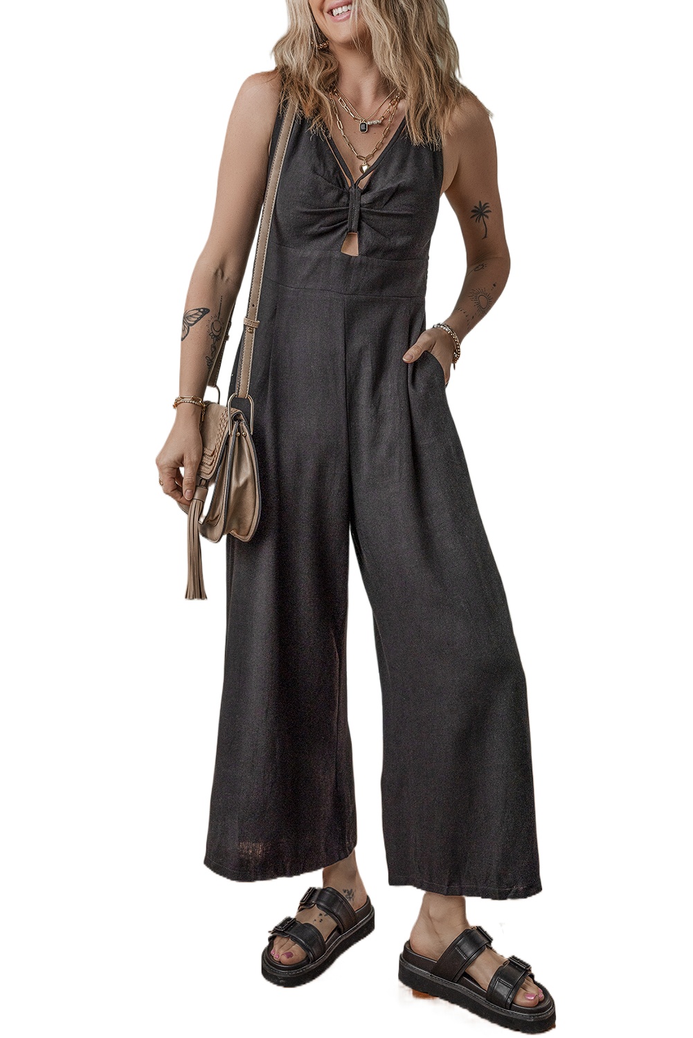 Women's Black Front Cut Out Smocked Back Sleeveless Wide Leg Jumpsuit - Main View Women's Black Front Cut Out Smocked Back Sleeveless Wide Leg Jumpsuit - Main View