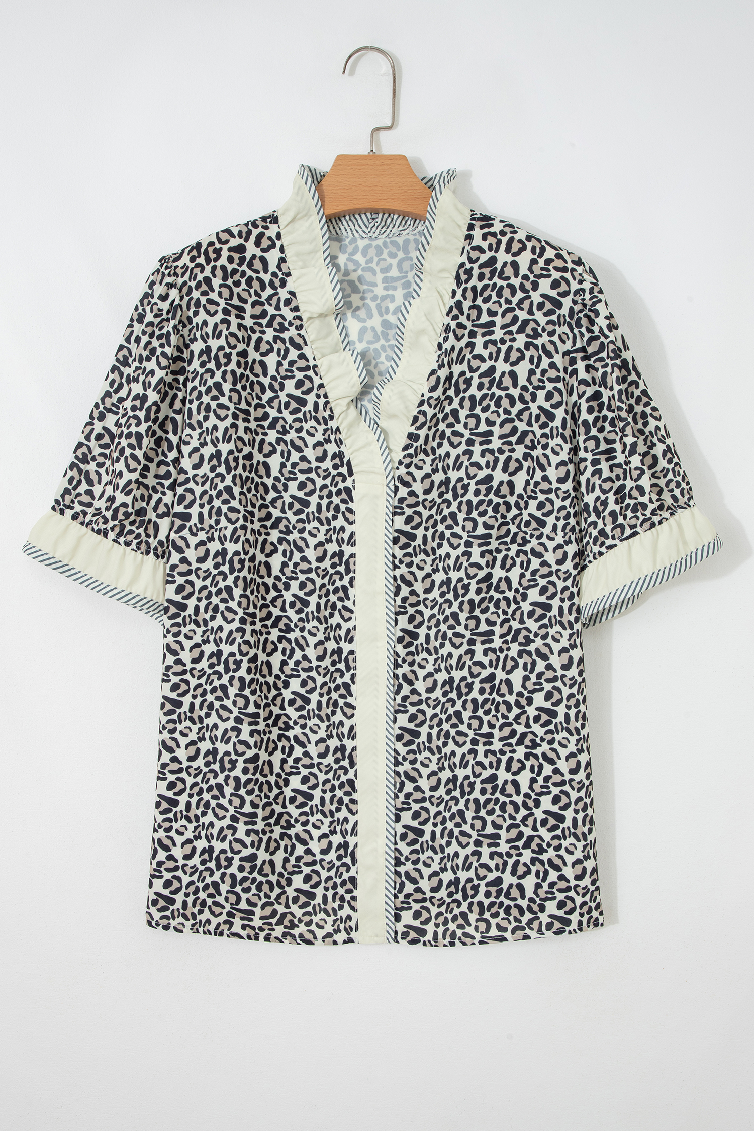 Women's Plus Leopard Print Blouse – Frilled V Neck Short Sleeve Top, Casual Western Summer Shirt - Detail View 7 Women's Plus Leopard Print Blouse – Frilled V Neck Short Sleeve Top, Casual Western Summer Shirt - Detail View 7