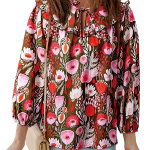 Chic Red Floral Three Quarter Sleeve Lace-Up Neck Blouse for Women - Main View