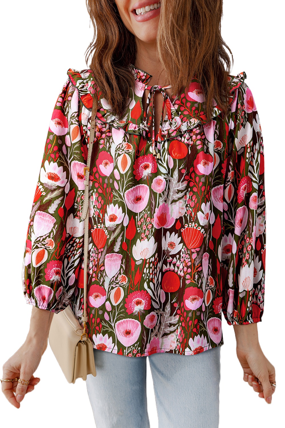 Chic Red Floral Three Quarter Sleeve Lace-Up Neck Blouse for Women - Main View Chic Red Floral Three Quarter Sleeve Lace-Up Neck Blouse for Women - Main View