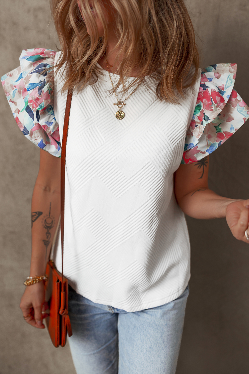 Chic and Stylish Women's Knit Top with Abstract Print and Ruffled Sleeves - Detail View 6 Chic and Stylish Women's Knit Top with Abstract Print and Ruffled Sleeves - Detail View 6