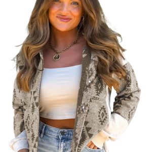 Women's Gray Aztec Patchwork Hooded Shacket for Daily Wear - Main View