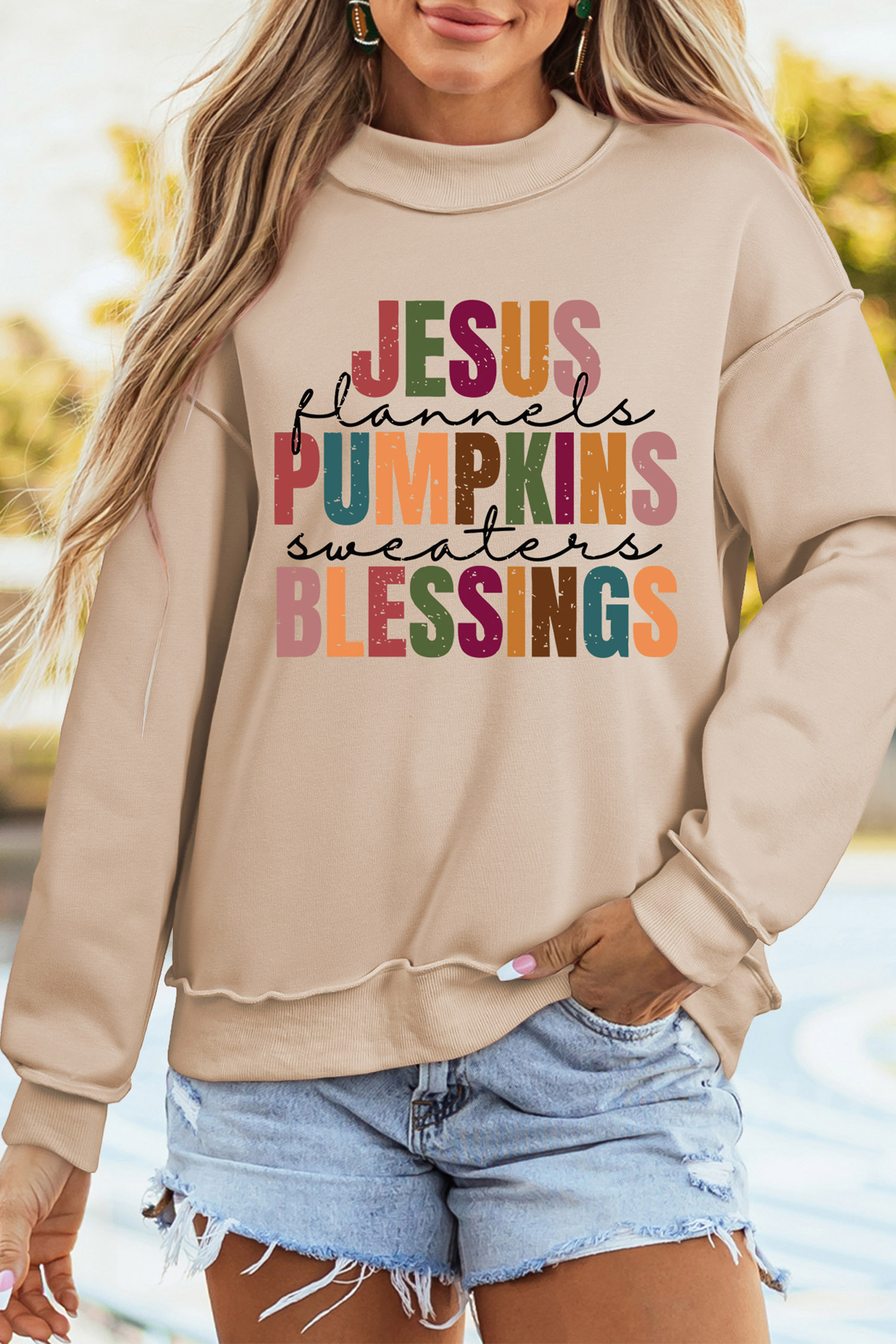 Graphic Autumn Mock Neck Sweatshirt, Women's Casual Pullover - Detail View 3 Graphic Autumn Mock Neck Sweatshirt, Women's Casual Pullover - Detail View 3