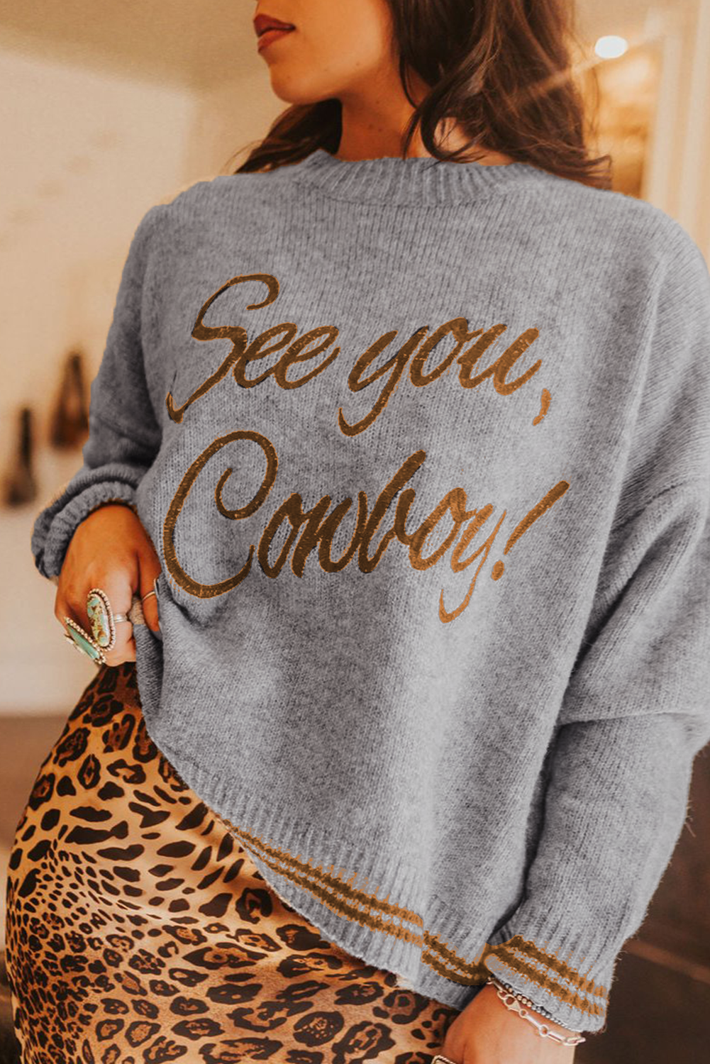 Casual Light Grey Sweater with Round Neck and Western Graphics - Perfect for Fall - Detail View 3 Casual Light Grey Sweater with Round Neck and Western Graphics - Perfect for Fall - Detail View 3