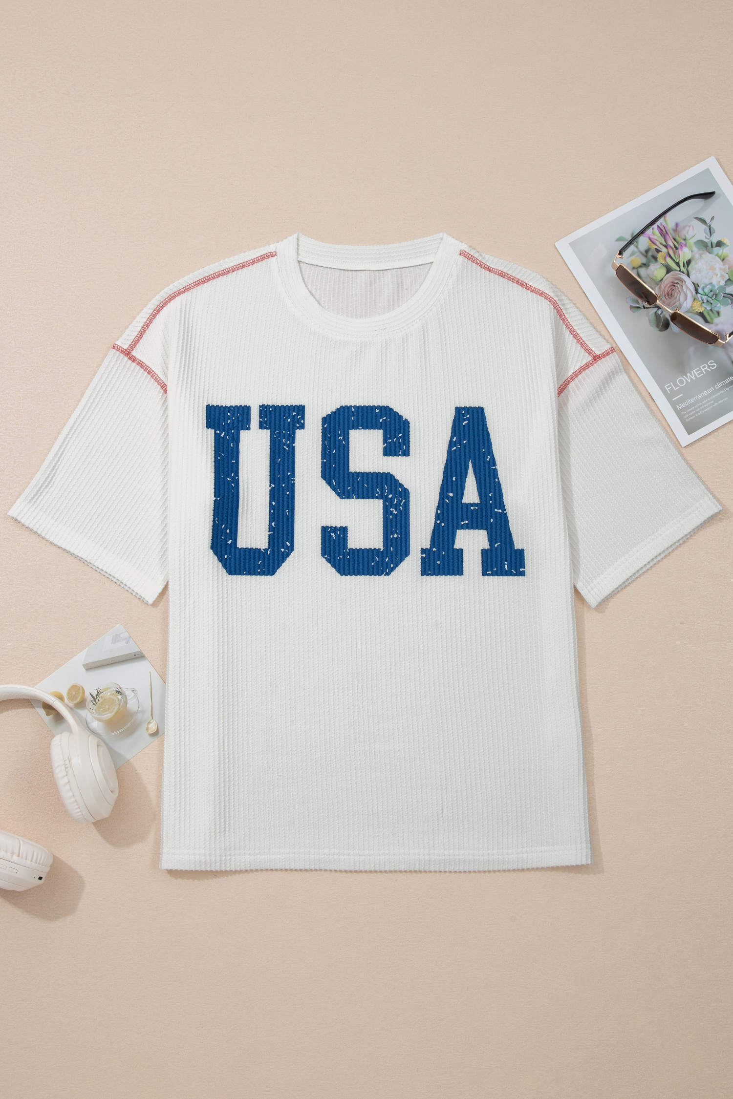 Women's Ribbed Shift Top with USA Slogan – Breathable Half Sleeve Casual Tee for Summer - Detail View 3 Women's Ribbed Shift Top with USA Slogan – Breathable Half Sleeve Casual Tee for Summer - Detail View 3