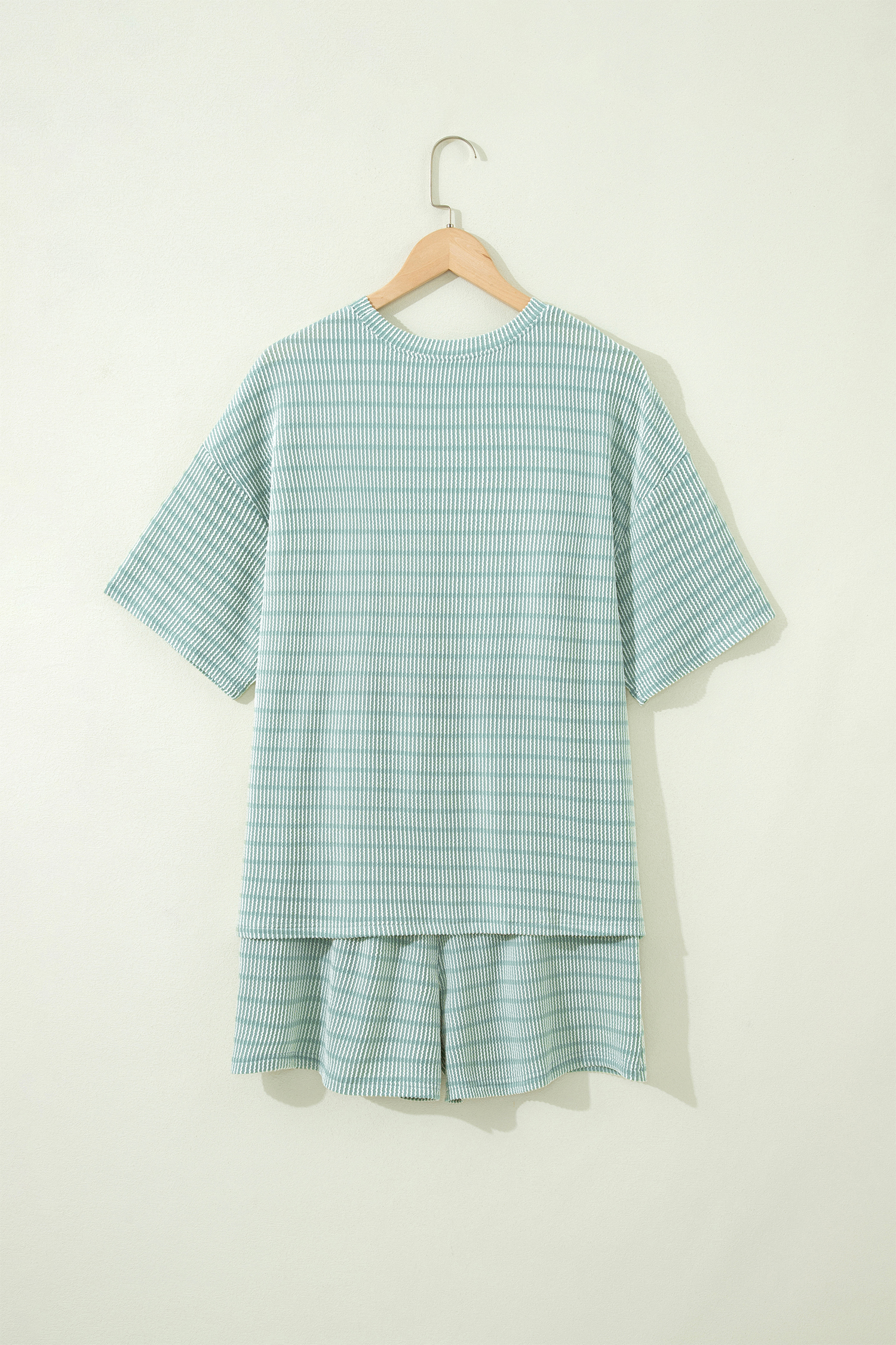 Women's Ribbed Knit 2-Piece Outfit – Green Striped Tee and Drawstring Shorts Set, Thoughtful Gift for Her - Detail View 6 Women's Ribbed Knit 2-Piece Outfit – Green Striped Tee and Drawstring Shorts Set, Thoughtful Gift for Her - Detail View 6