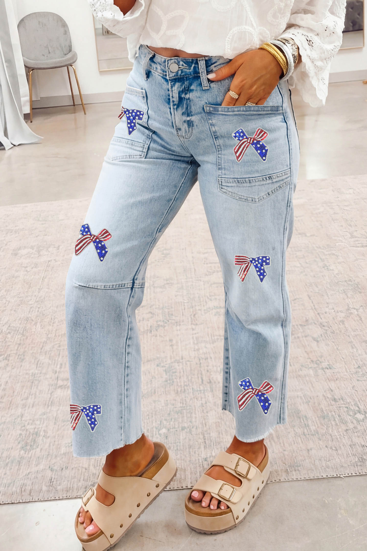 Women's Patriotic Sequin Bow Jeans – High Waist Ankle-Length Denim, Casual Beau Blue Shift Pants - Detail View 7 Women's Patriotic Sequin Bow Jeans – High Waist Ankle-Length Denim, Casual Beau Blue Shift Pants - Detail View 7
