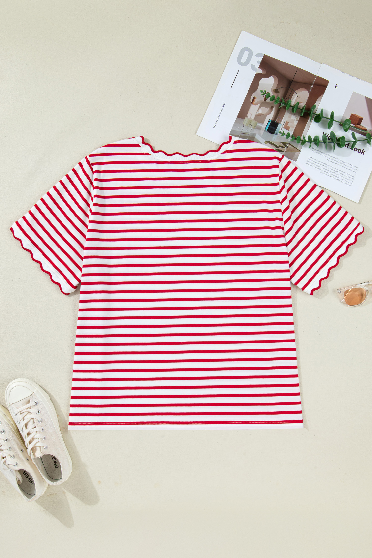 Casual Women's Red Stripe Scalloped Trim Top – Short Sleeve Round Neck Design for Summer Outings - Detail View 5 Casual Women's Red Stripe Scalloped Trim Top – Short Sleeve Round Neck Design for Summer Outings - Detail View 5