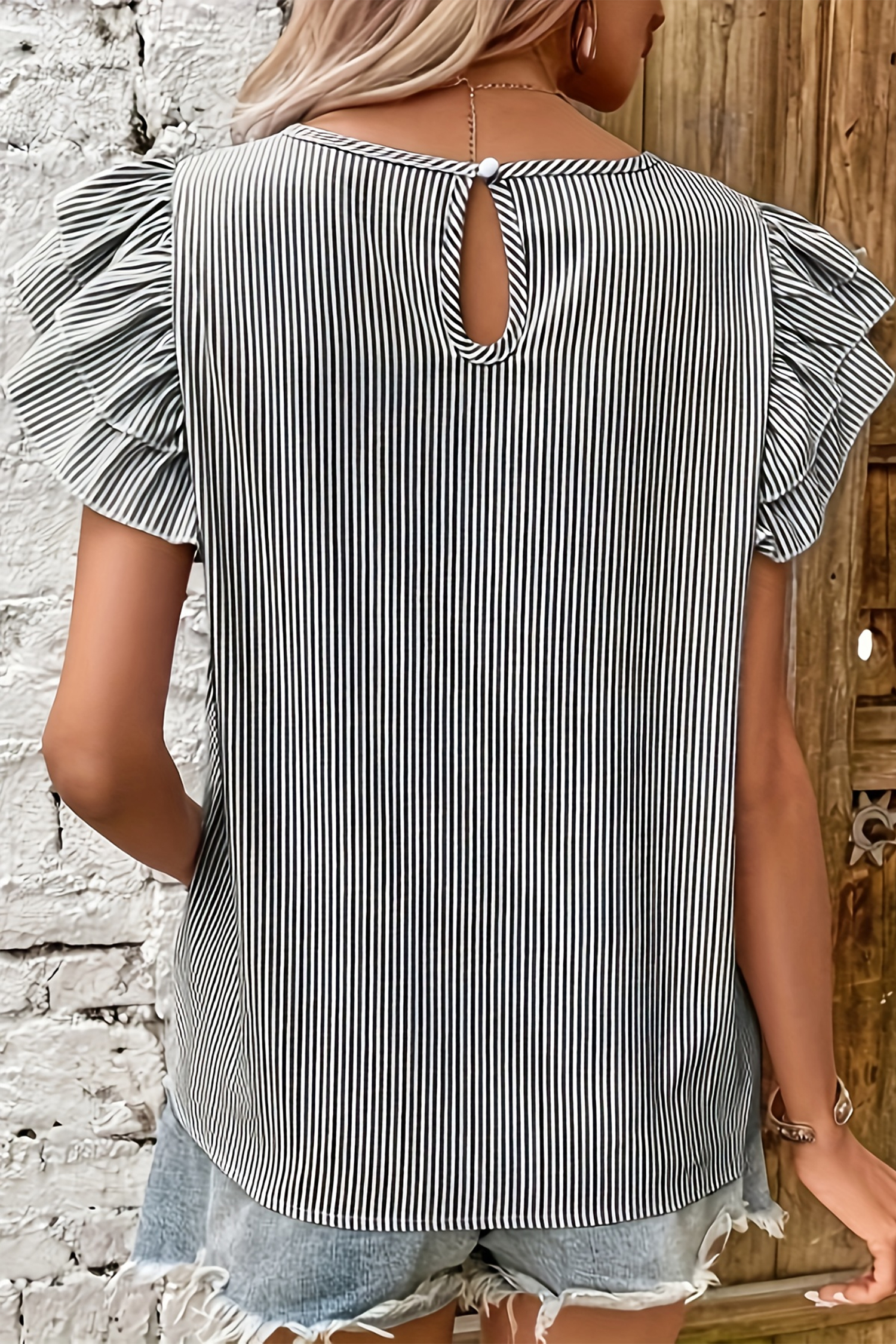 Striped Ruffle Short Sleeve Blouse for Women – Summer Top - Detail View 5 Striped Ruffle Short Sleeve Blouse for Women – Summer Top - Detail View 5
