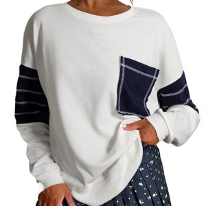 Women's White Color Block Sweatshirt with Patch Pockets – Casual Daily Wear - Main View