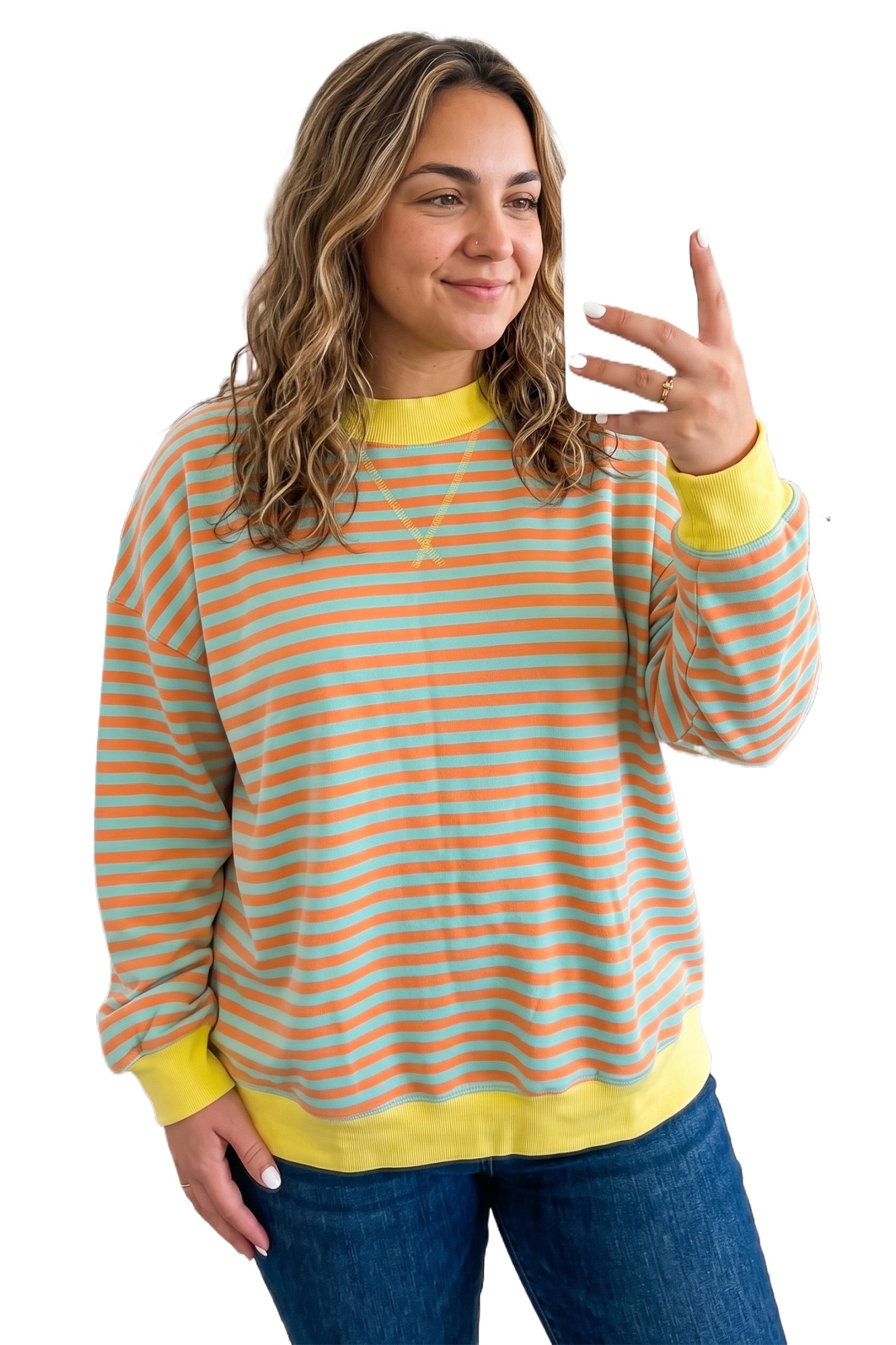 Women's Striped Sweatshirt, Casual Crew Neck Long Sleeve Top - Main View Women's Striped Sweatshirt, Casual Crew Neck Long Sleeve Top - Main View