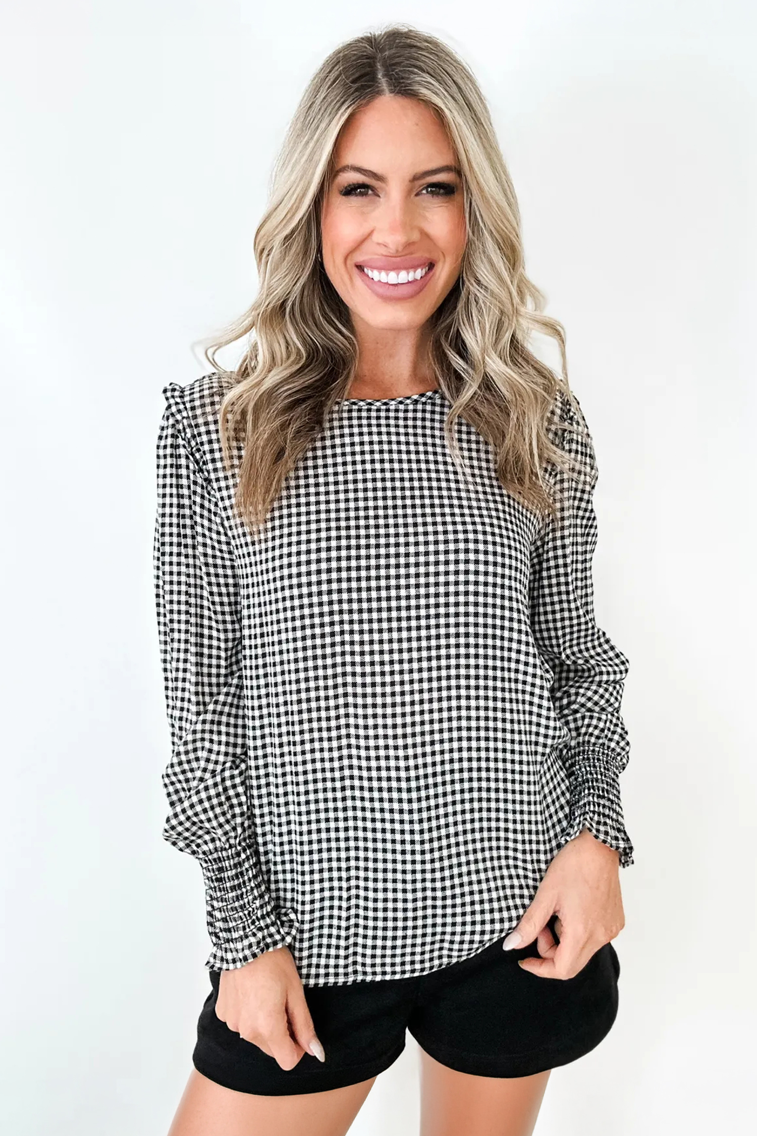 Plaid Women's Long Sleeve Blouse, Ruffle Shoulder Top - Detail View 5 Plaid Women's Long Sleeve Blouse, Ruffle Shoulder Top - Detail View 5