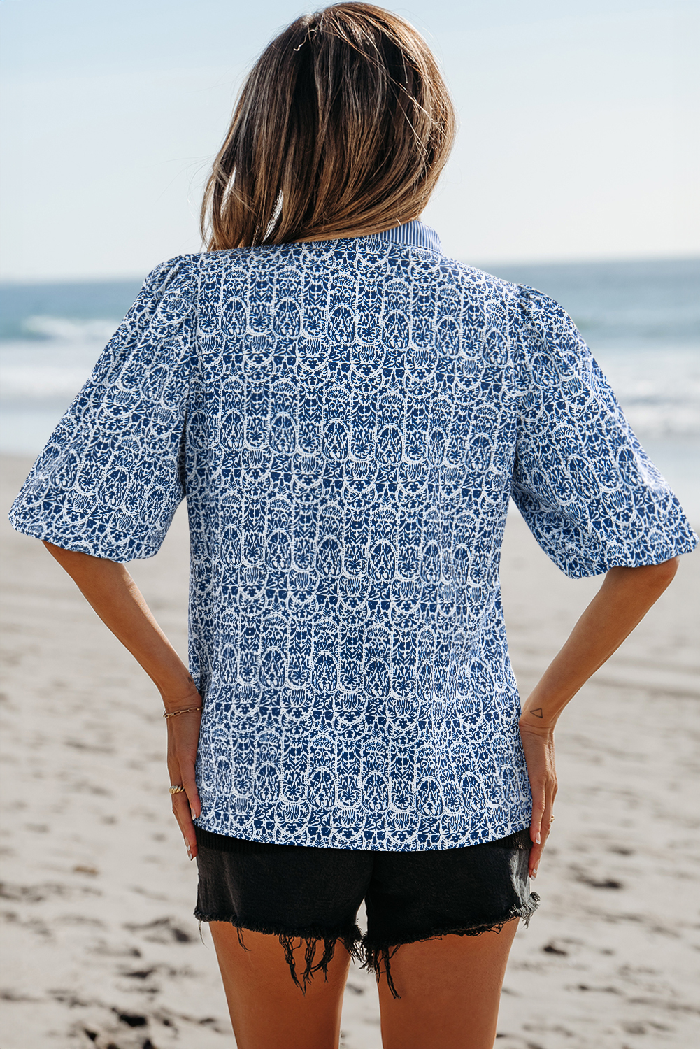 Bohemian Style Blue Floral and Striped V Neck Blouse with Puff Sleeves - Detail View 2 Bohemian Style Blue Floral and Striped V Neck Blouse with Puff Sleeves - Detail View 2