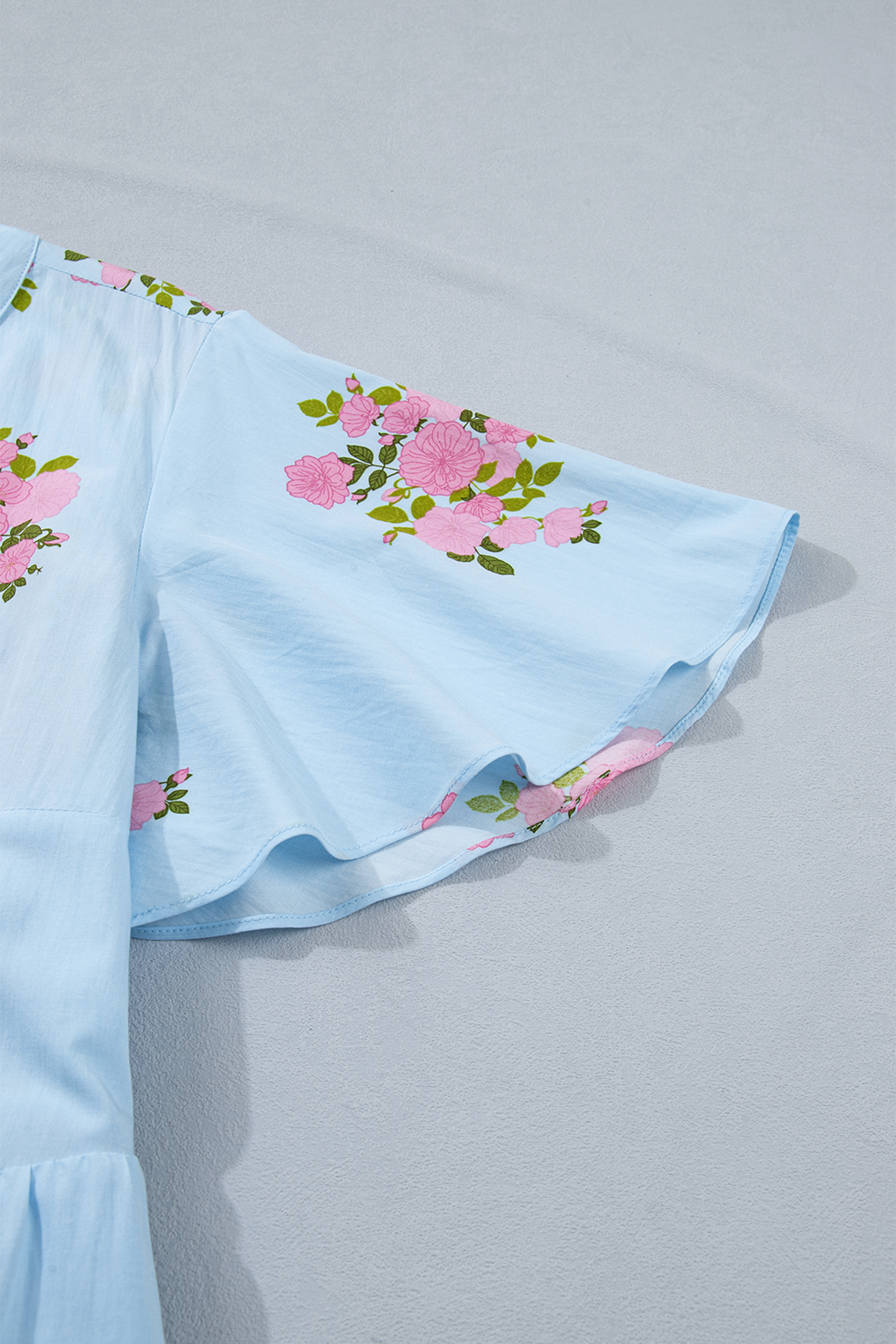 Women's Sky Blue Floral V-Neck Maxi Dress – Short Sleeve High Waist Casual Summer Long Dress - Detail View 13 Women's Sky Blue Floral V-Neck Maxi Dress – Short Sleeve High Waist Casual Summer Long Dress - Detail View 13