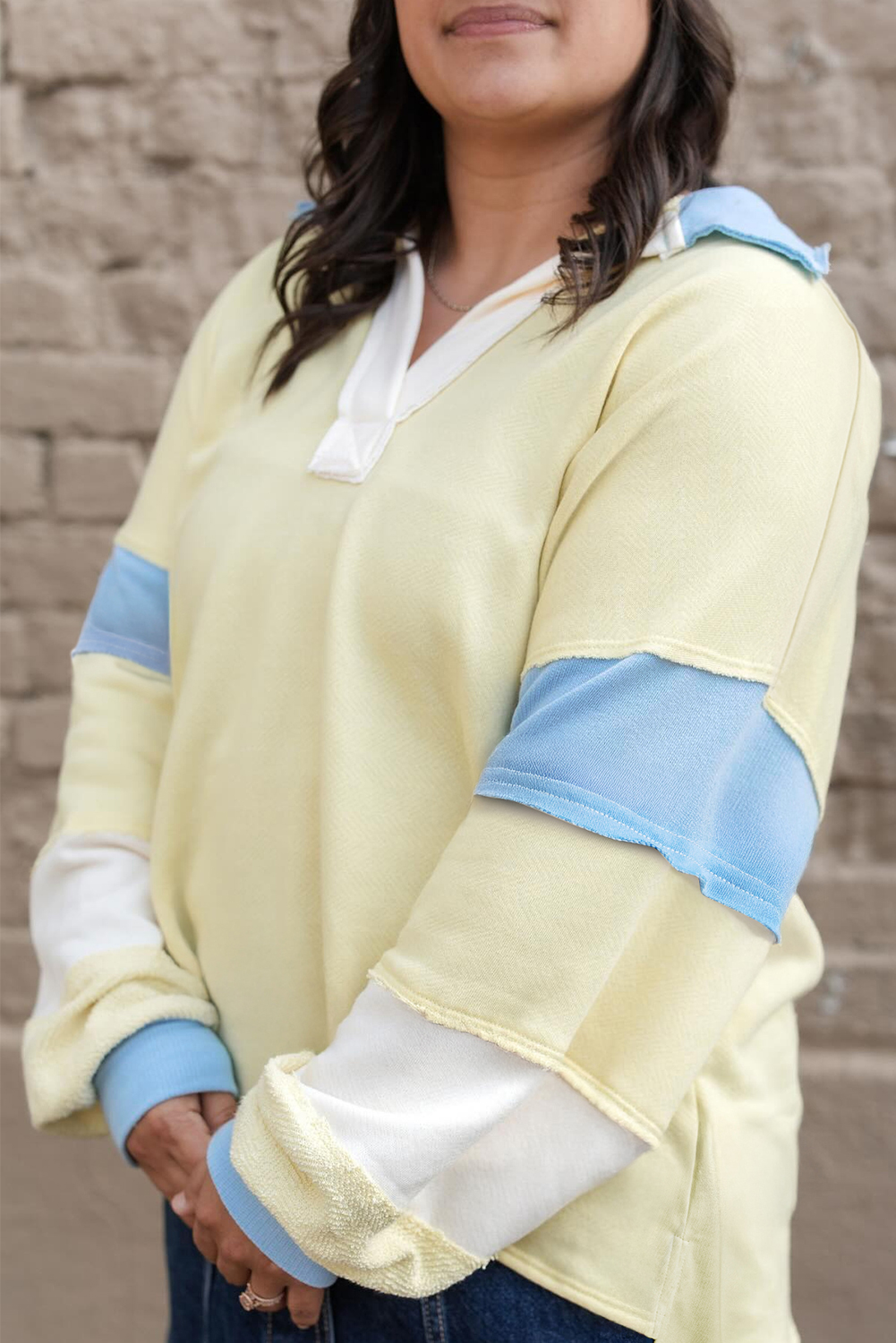 Plus Size Yellow Cream Patchwork Pullover – Stylish V Neck Sweater for Fall & Autumn Outings - Detail View 2 Plus Size Yellow Cream Patchwork Pullover – Stylish V Neck Sweater for Fall & Autumn Outings - Detail View 2