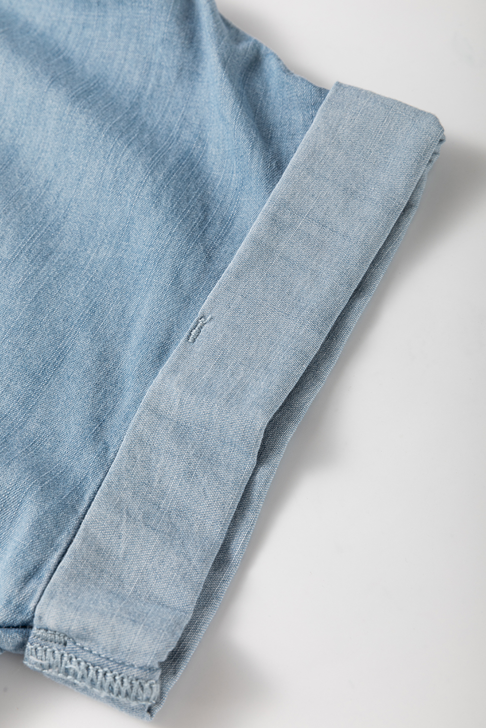 Casual Chic Dusk Blue Denim Shirt - Folded Short Sleeves & Chest Pocket - Detail View 10 Casual Chic Dusk Blue Denim Shirt - Folded Short Sleeves & Chest Pocket - Detail View 10